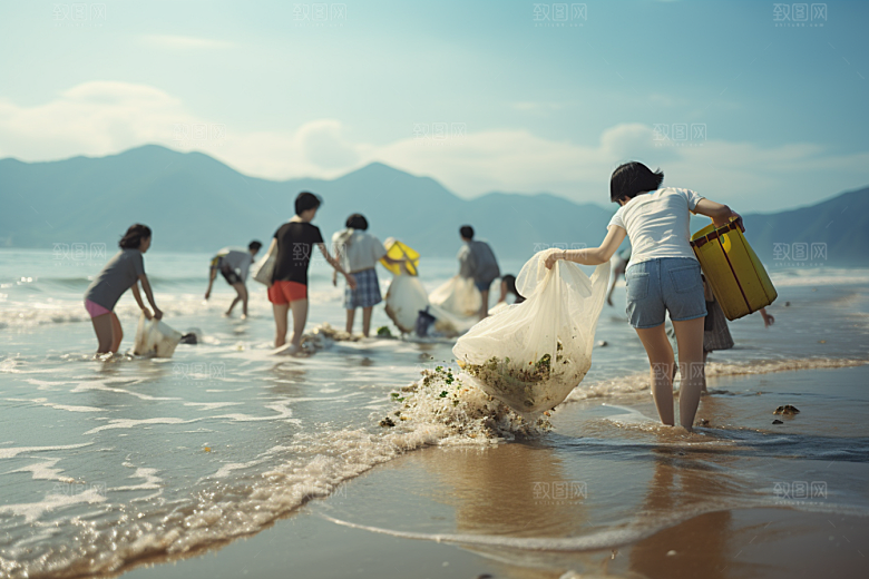海边赶海渔获落日摄影图