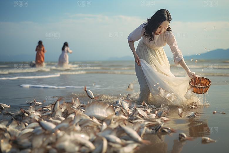 海边赶海清晨余晖摄影图