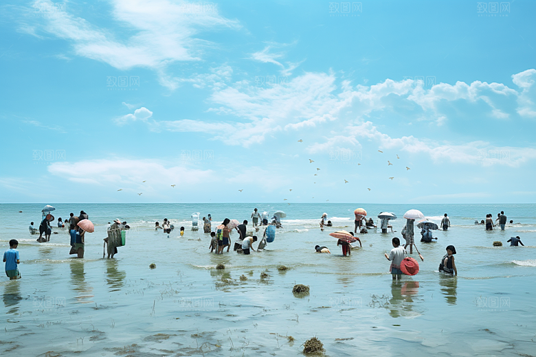 海边赶海余晖海滩摄影图