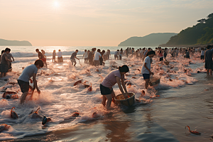 海边赶海高清落日摄影图