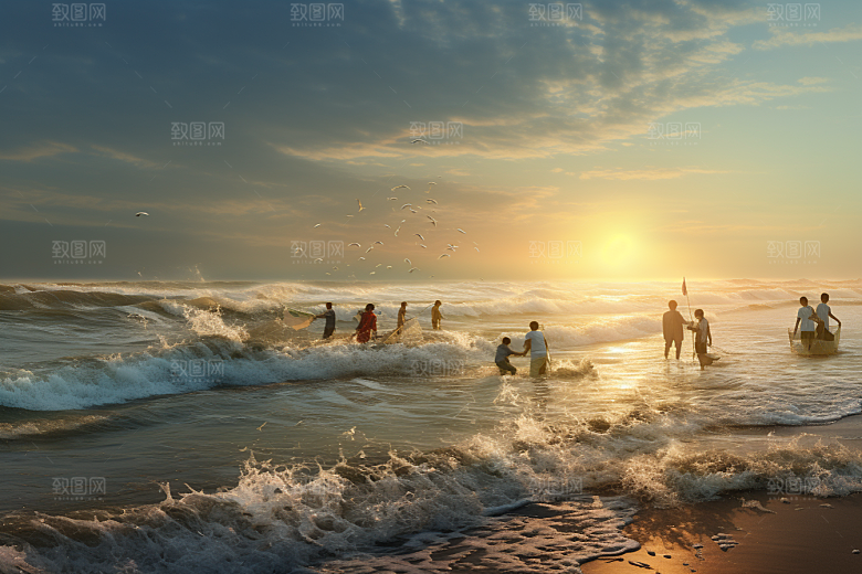 海边赶海黎明渔获摄影图