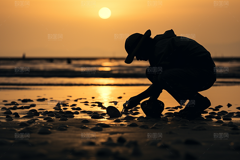 海边赶海夕阳滩涂摄影图
