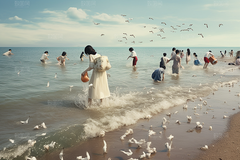 海边赶海礁石夕阳摄影图