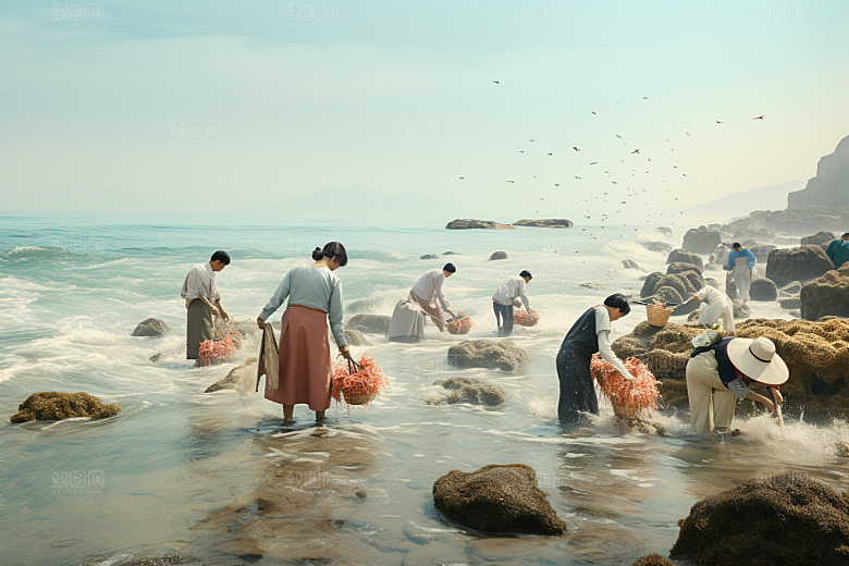 海边赶海渔获海货摄影图