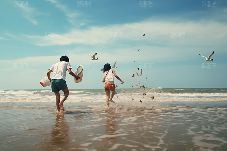 海边赶海黎明落潮摄影图