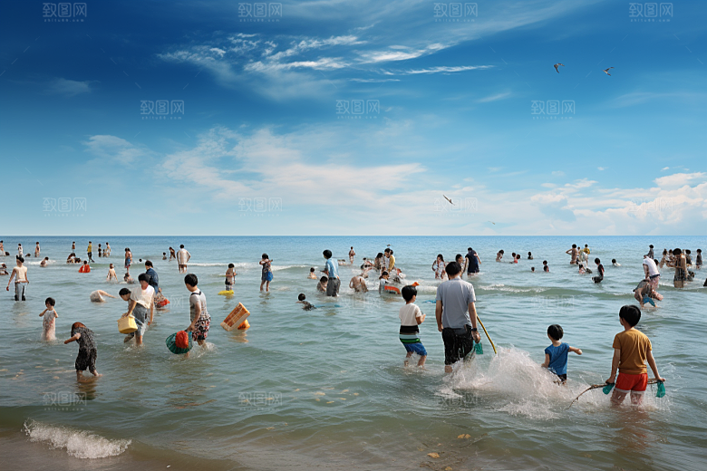 海边赶海落日海货摄影图
