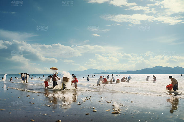 海边赶海海滩清晨摄影图