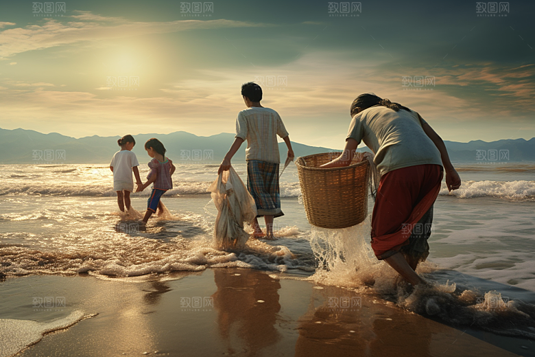 海边赶海落日落潮摄影图