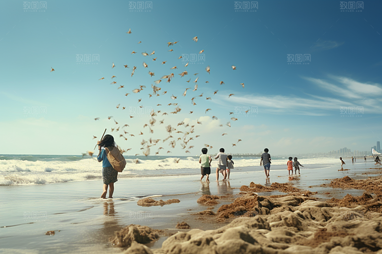 海边赶海落日黎明摄影图