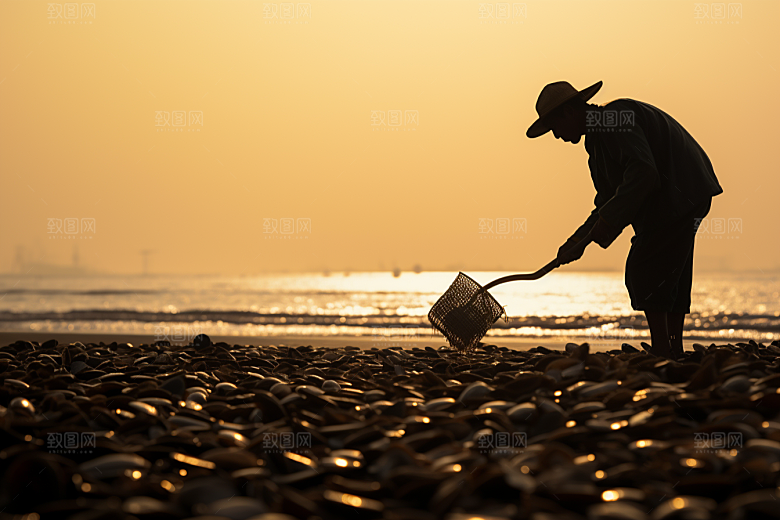 海边赶海海货清晨摄影图