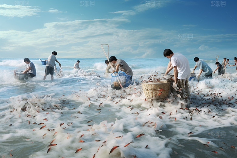 海边赶海余晖落日摄影图