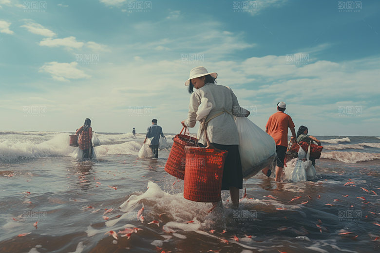 海边赶海黎明清晨摄影图