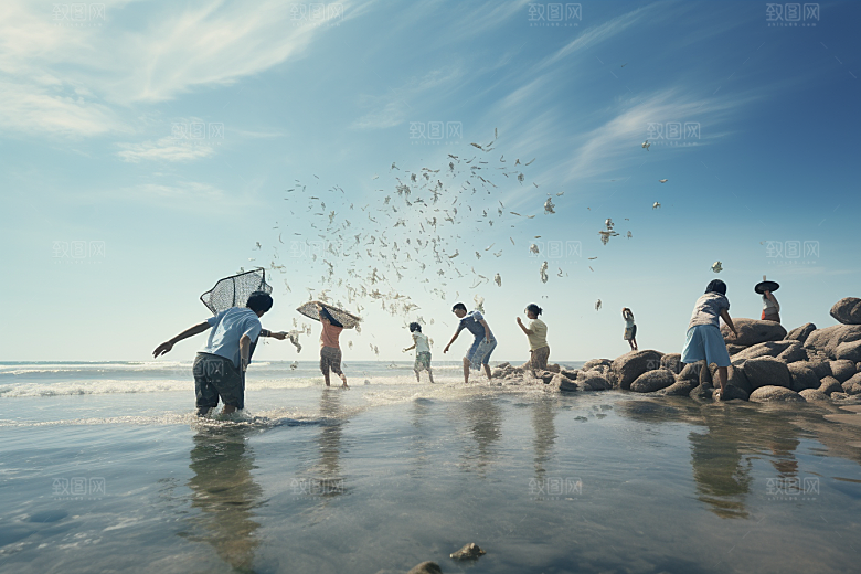 海边赶海夕阳滩涂摄影图