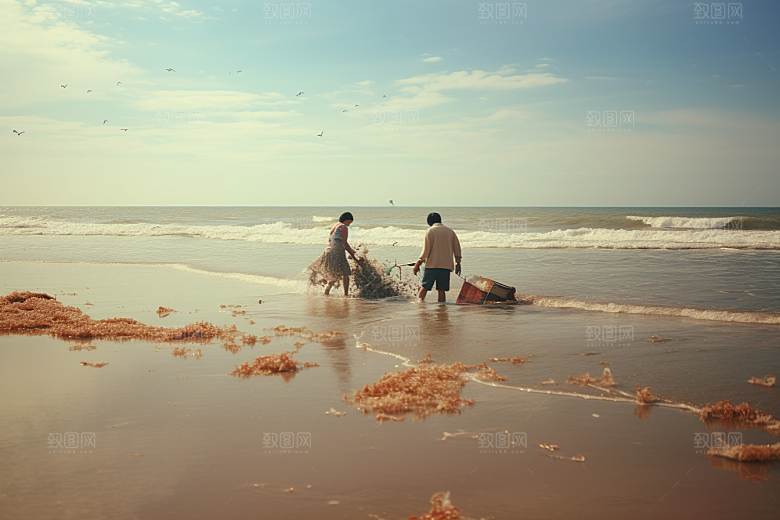 海边赶海余晖落日摄影图