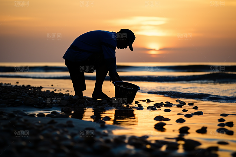 海边赶海海货清晨摄影图