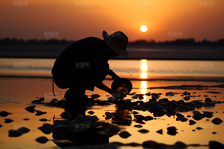 海边赶海余晖清晨摄影图