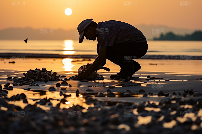 海边赶海余晖海滩摄影图