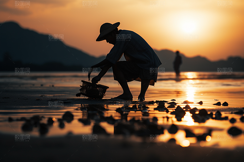 海边赶海清晨海货摄影图