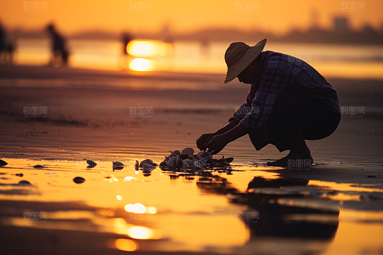 海边赶海余晖落潮摄影图