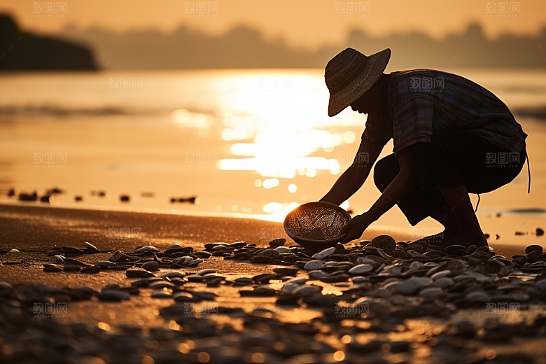 海边赶海夕阳潮汐摄影图
