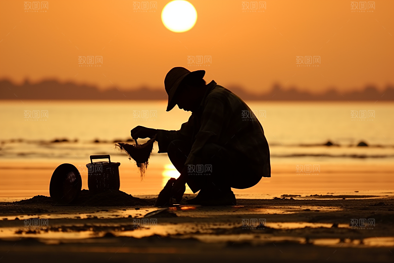 海边赶海高清落日摄影图