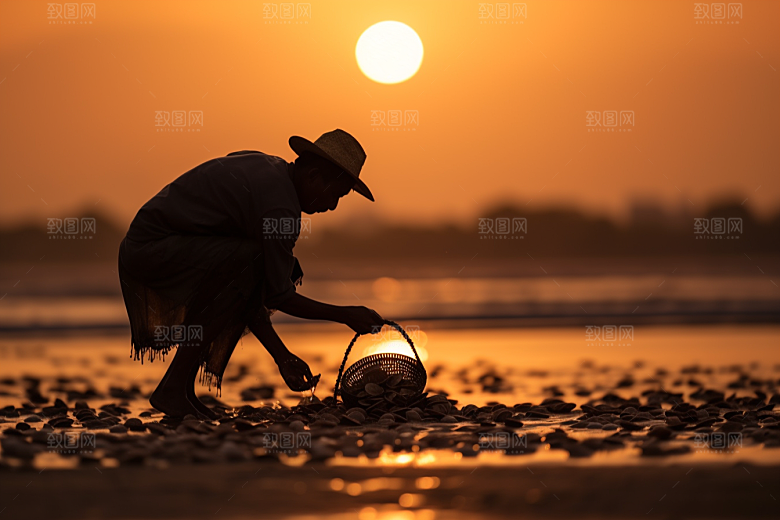海边赶海余晖落日摄影图