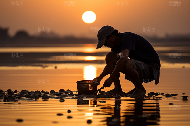 海边赶海夕阳渔获摄影图
