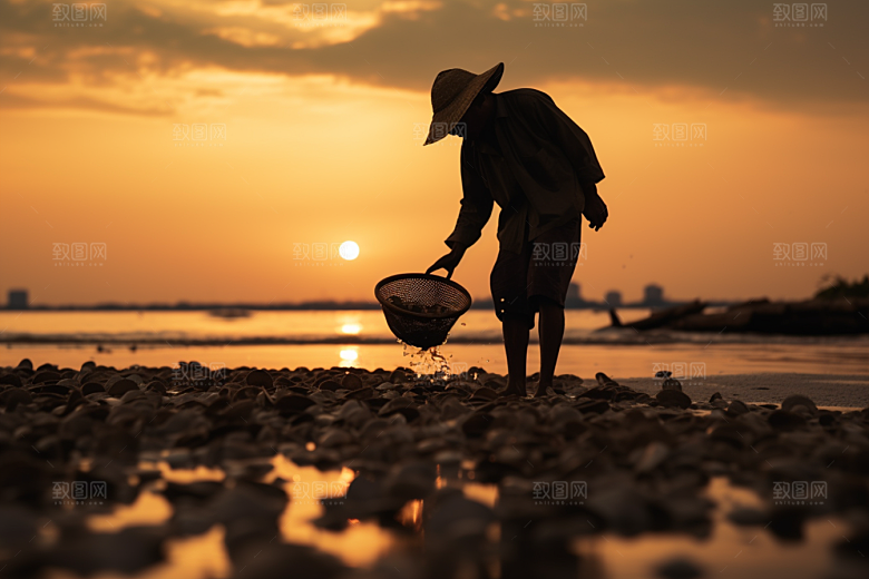 海边赶海余晖高清摄影图