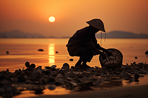 海边赶海黎明清晨摄影图