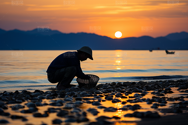 海边赶海潮汐海货摄影图