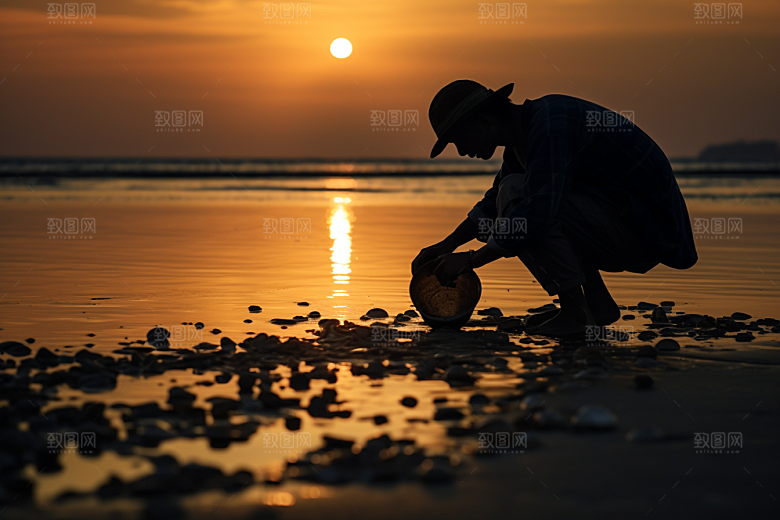海边赶海捕捞清晨摄影图
