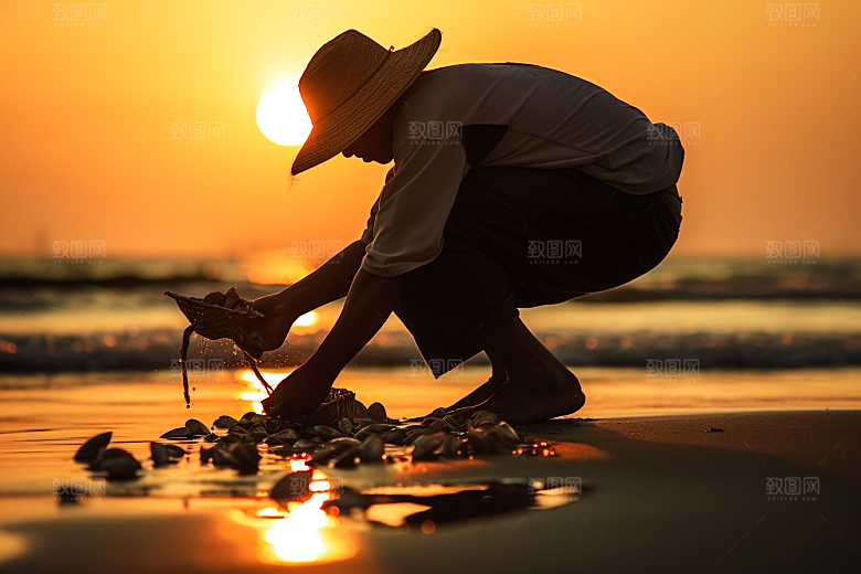 海边赶海海货余晖摄影图