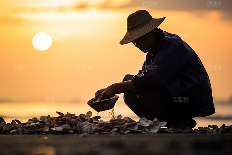 海边赶海落潮夕阳摄影图