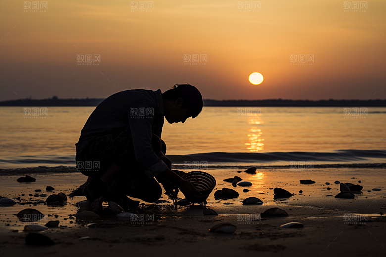 海边赶海夕阳海货摄影图