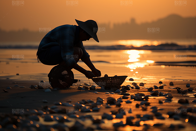 海边赶海海滩黎明摄影图