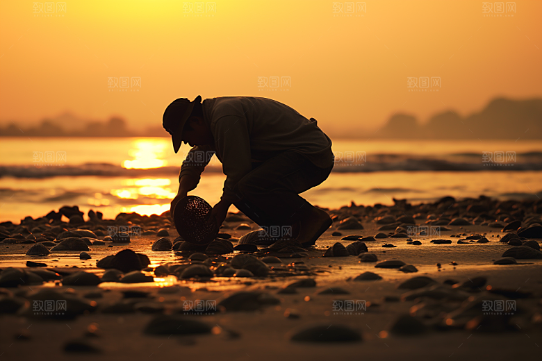 海边赶海渔获海滩摄影图