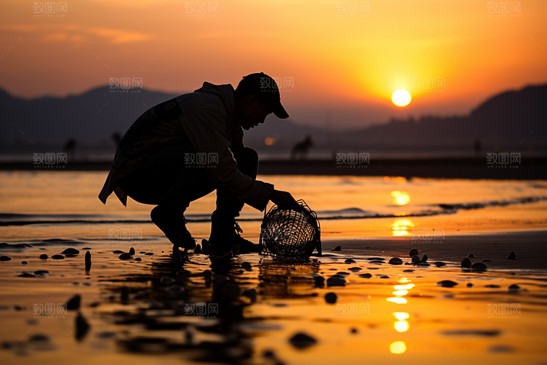 海边赶海礁石夕阳摄影图