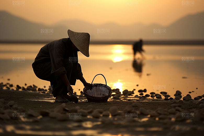 海边赶海黎明礁石摄影图