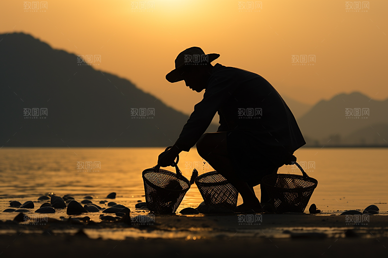 海边赶海捕捞礁石摄影图