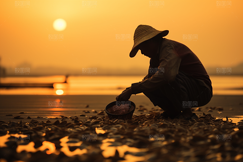 海边赶海清晨落潮摄影图