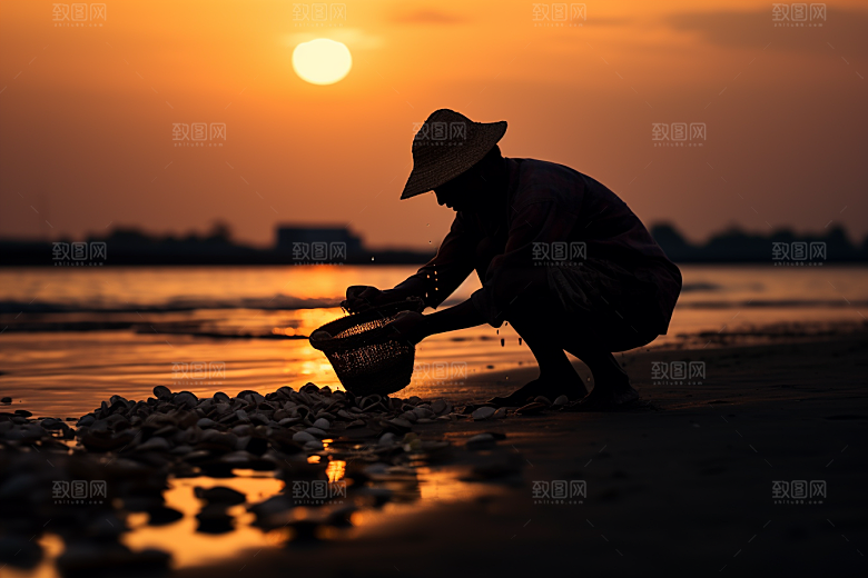 海边赶海落日落潮摄影图