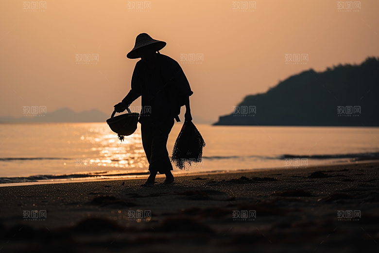 海边赶海黎明渔获摄影图