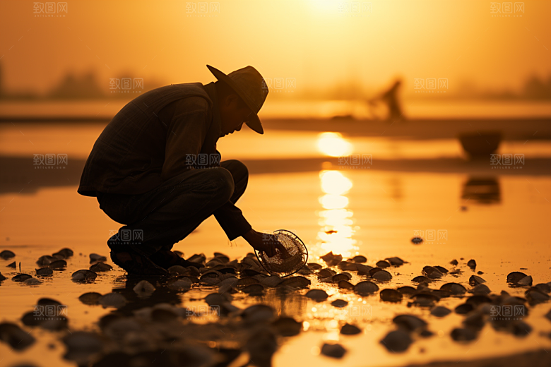 海边赶海夕阳潮汐摄影图