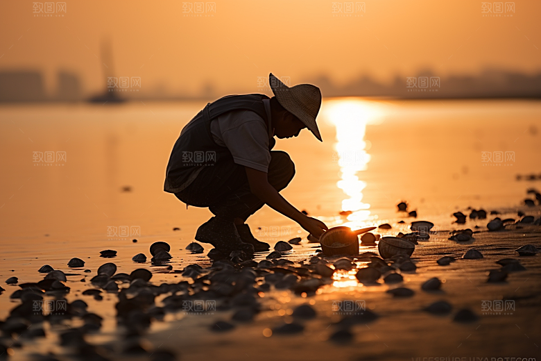 海边赶海海滩渔获摄影图