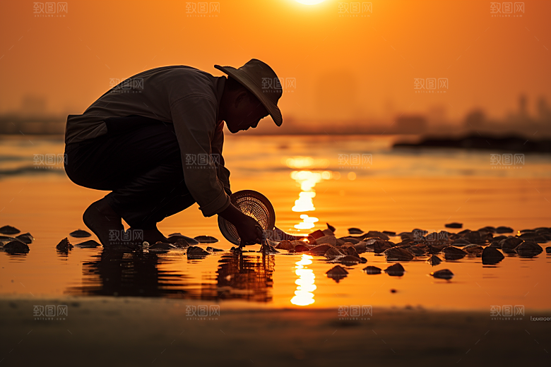 海边赶海余晖滩涂摄影图
