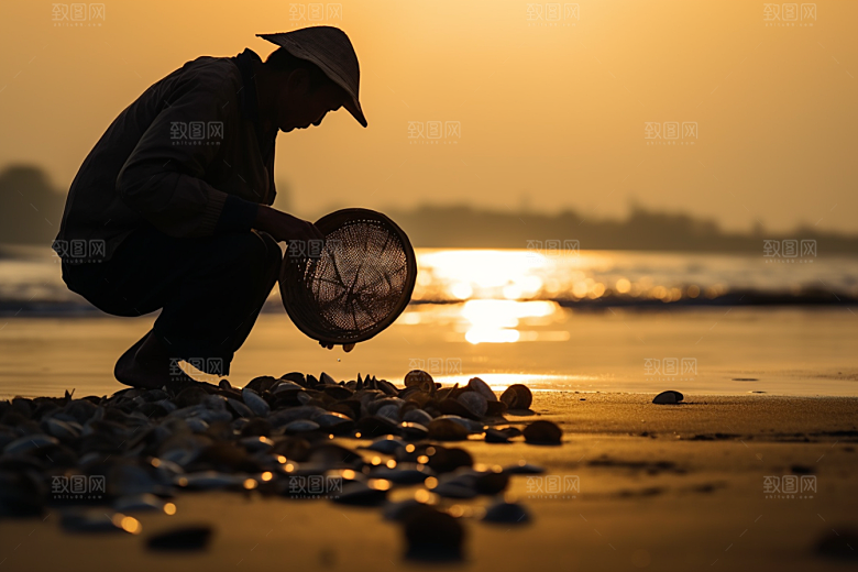 海边赶海礁石渔获摄影图