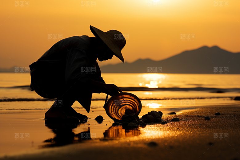 海边赶海夕阳滩涂摄影图