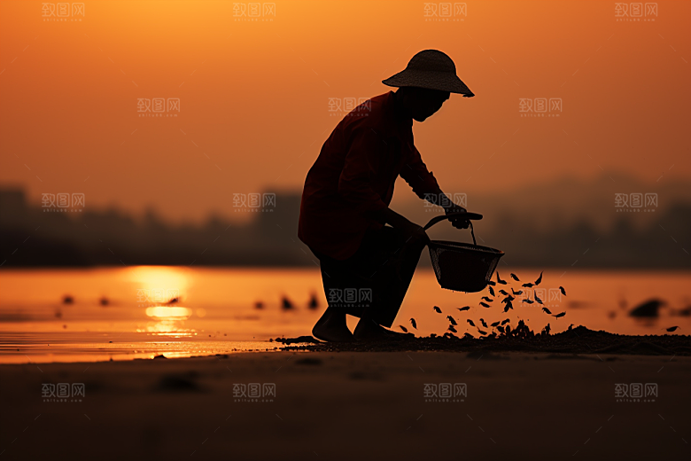 海边赶海余晖黎明摄影图