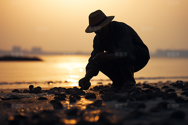 海边赶海捕捞礁石摄影图