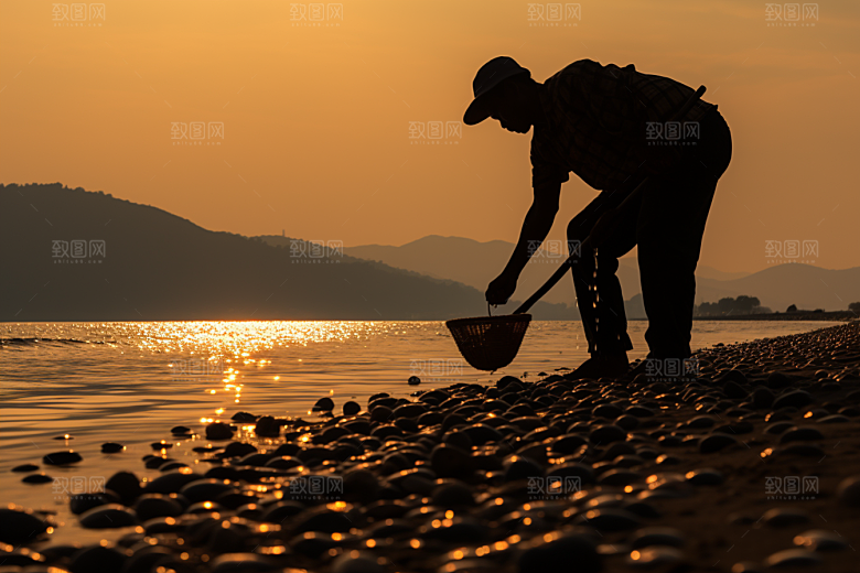 海边赶海滩涂余晖摄影图
